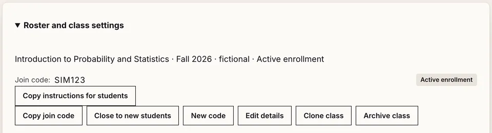 Class settings: the join code with buttons to copy it, close the class to new students, generate a new code, edit details, clone or archive the class.