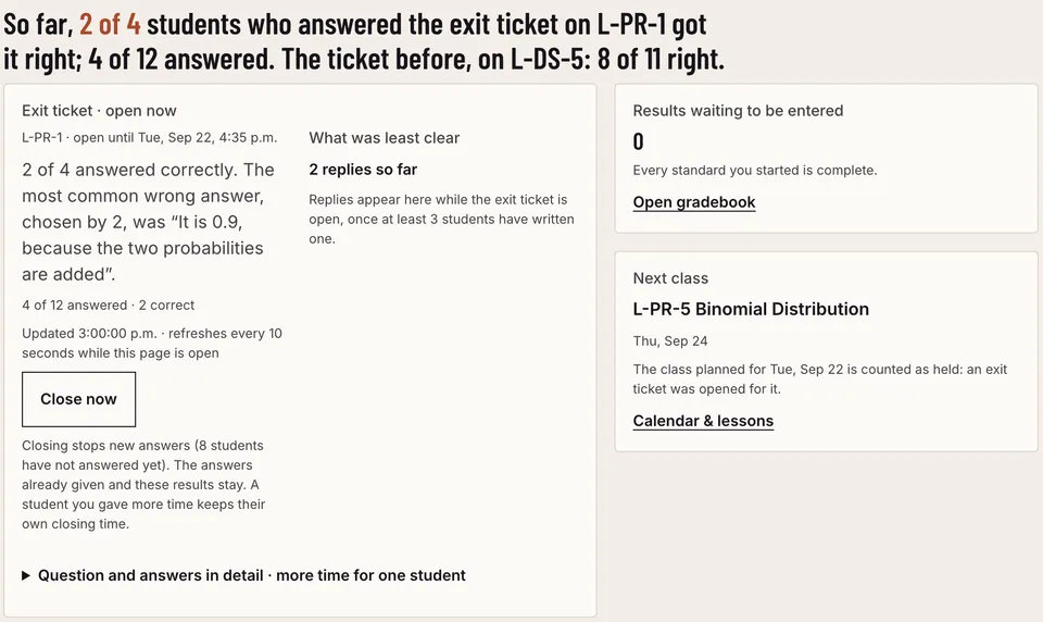The After class screen while a ticket is open: so far 2 of 4 students who answered got it right, 4 of 12 have answered, and the most common wrong answer is quoted.