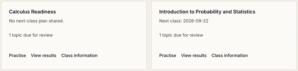 Two course cards on the learning overview, each saying “1 topic due for review” with links to practise, view results and see class information.